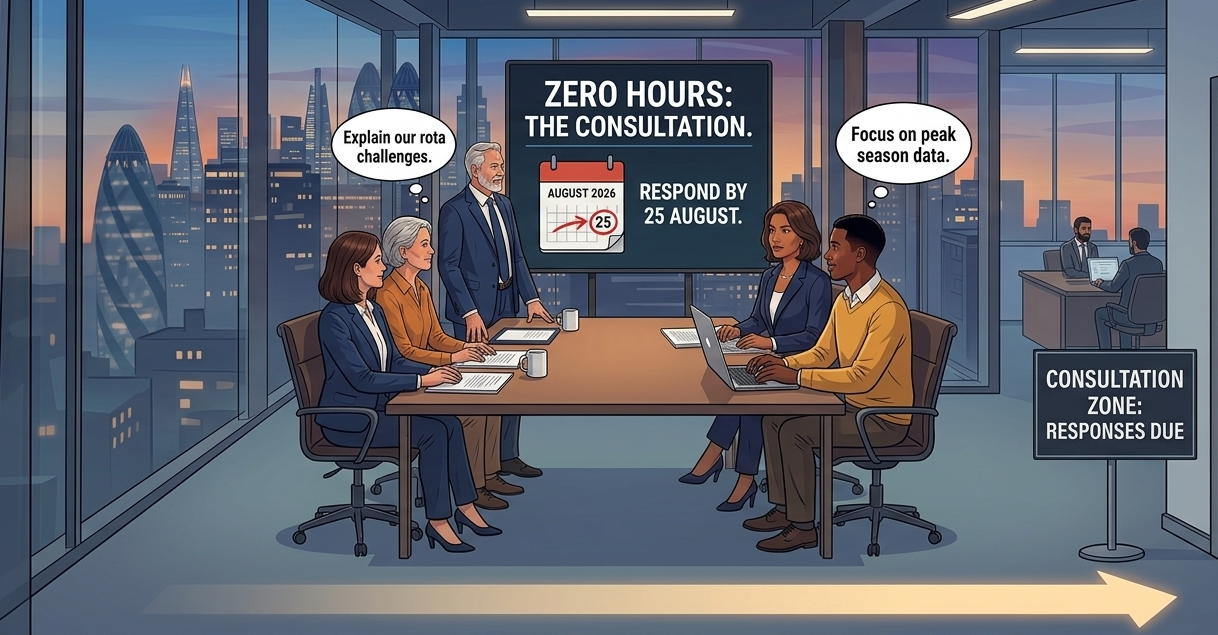 Business team in a boardroom reviewing the zero-hours consultation response deadline of 25 August 2026 against a London skyline at dusk