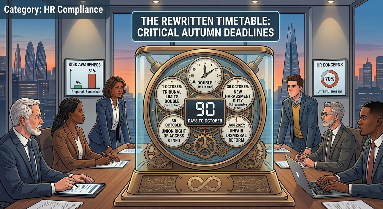 Business team reviewing a timetable of critical autumn employment law deadlines, including the January 2027 unfair dismissal reform