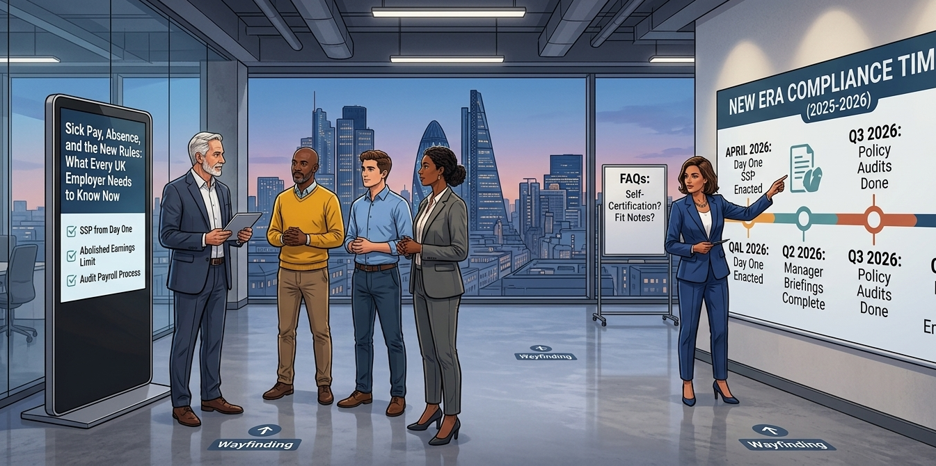 HR team reviewing SSP compliance changes with a New ERA compliance timeline showing April 2026 Day One SSP, manager briefings, and policy audits against a London skyline