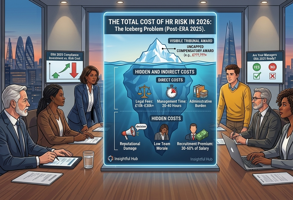 Business leaders reviewing the total cost of HR risk in 2026, showing the iceberg problem of visible tribunal awards and hidden indirect costs under ERA 2025
