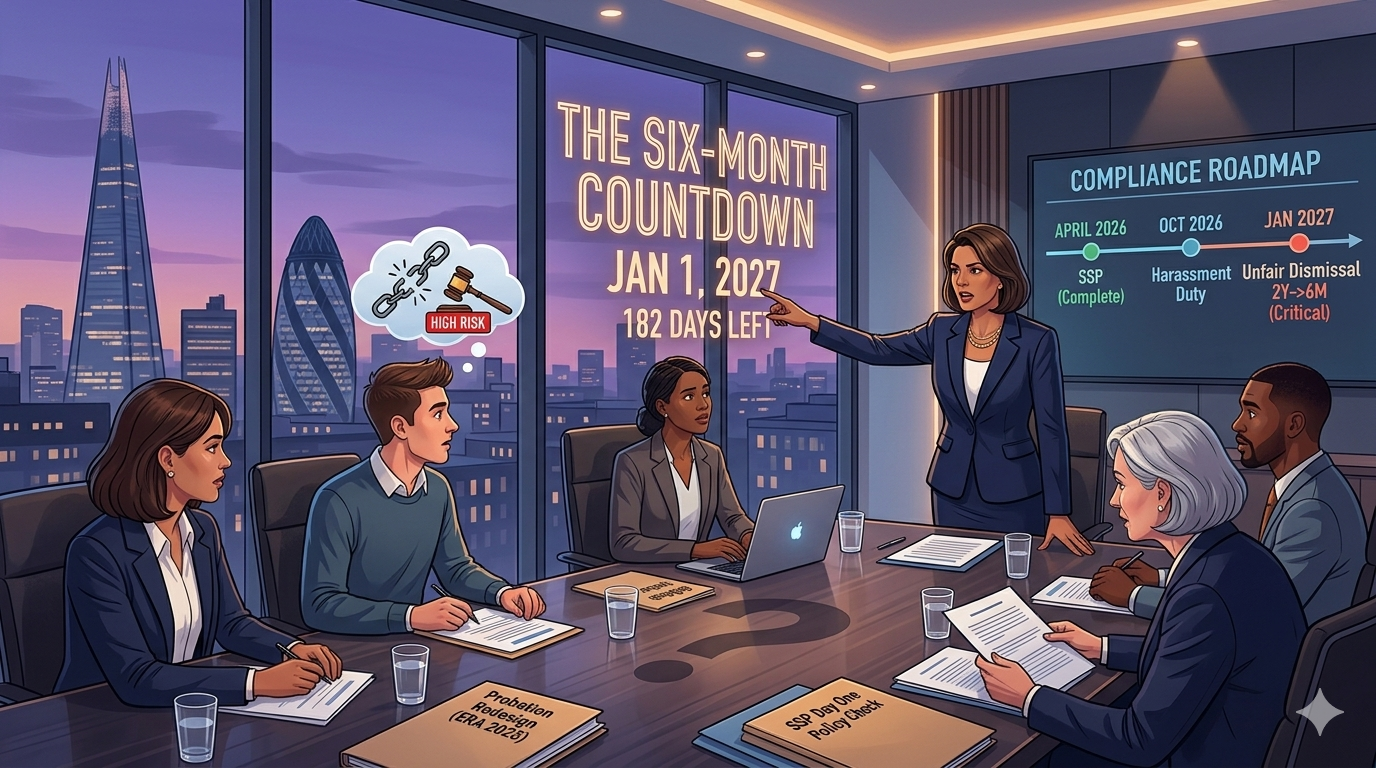 Business team in a boardroom reviewing the Employment Rights Act 2025 compliance roadmap with a London skyline at dusk