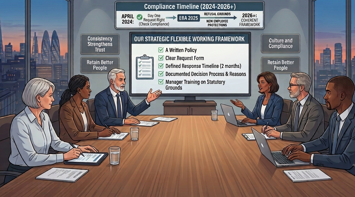 Business leaders around a boardroom table reviewing a strategic flexible working framework, with a compliance timeline showing April 2024 Day One rights through to the 2026 coherent framework