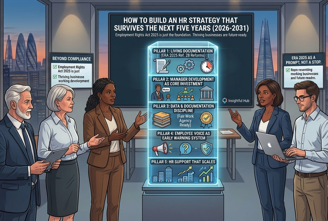 Business team presenting a five-pillar HR strategy framework with a London skyline backdrop