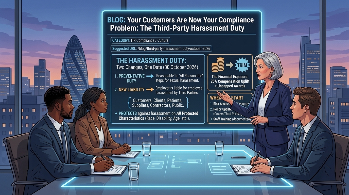 HR leadership team reviewing the third-party harassment duty taking effect on 30 October 2026