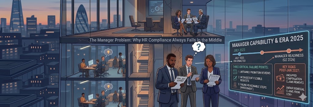 Managers reviewing ERA 2025 compliance guides in a multi-floor office with a London skyline, showing manager capability and readiness timeline