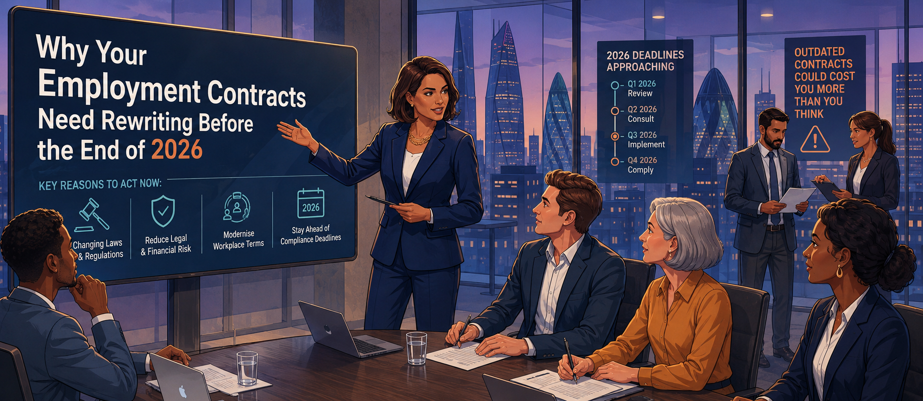 HR leader presenting employment contract rewriting requirements and 2026 compliance deadlines to a business team in a boardroom with a London skyline